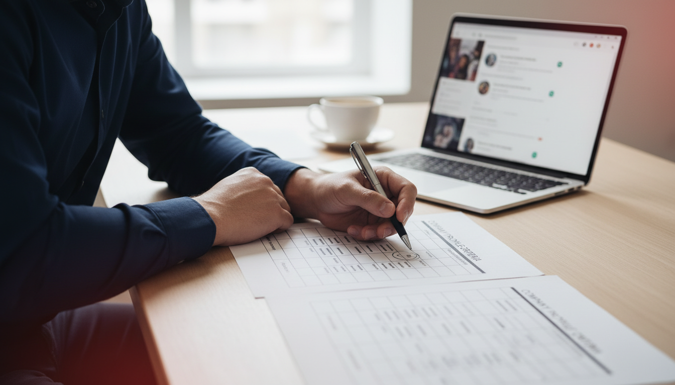 A sales professional at a minimalist desk reviews two side-by-side printed matrices on paper, one labeled with behavioral notes and one with company profile criteria, using a pen to circle intersecting rows while a laptop shows a LinkedIn feed in the background.