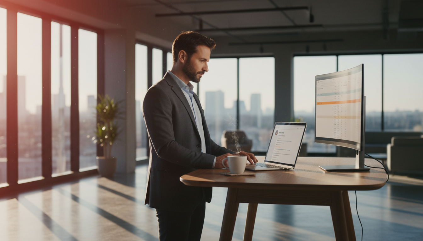 A person at a standing desk in a modern office reviews a laptop screen showing a LinkedIn profile feed, while a second monitor displays a spreadsheet with highlighted rows, coffee cup nearby, morning light coming through floor-to-ceiling windows.