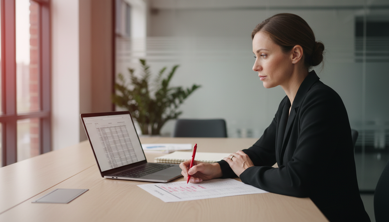 A sales professional sitting at a desk with a printed list in front of them, crossing out rows with a red pen while reviewing notes on a laptop, in a quiet modern office with natural window light.