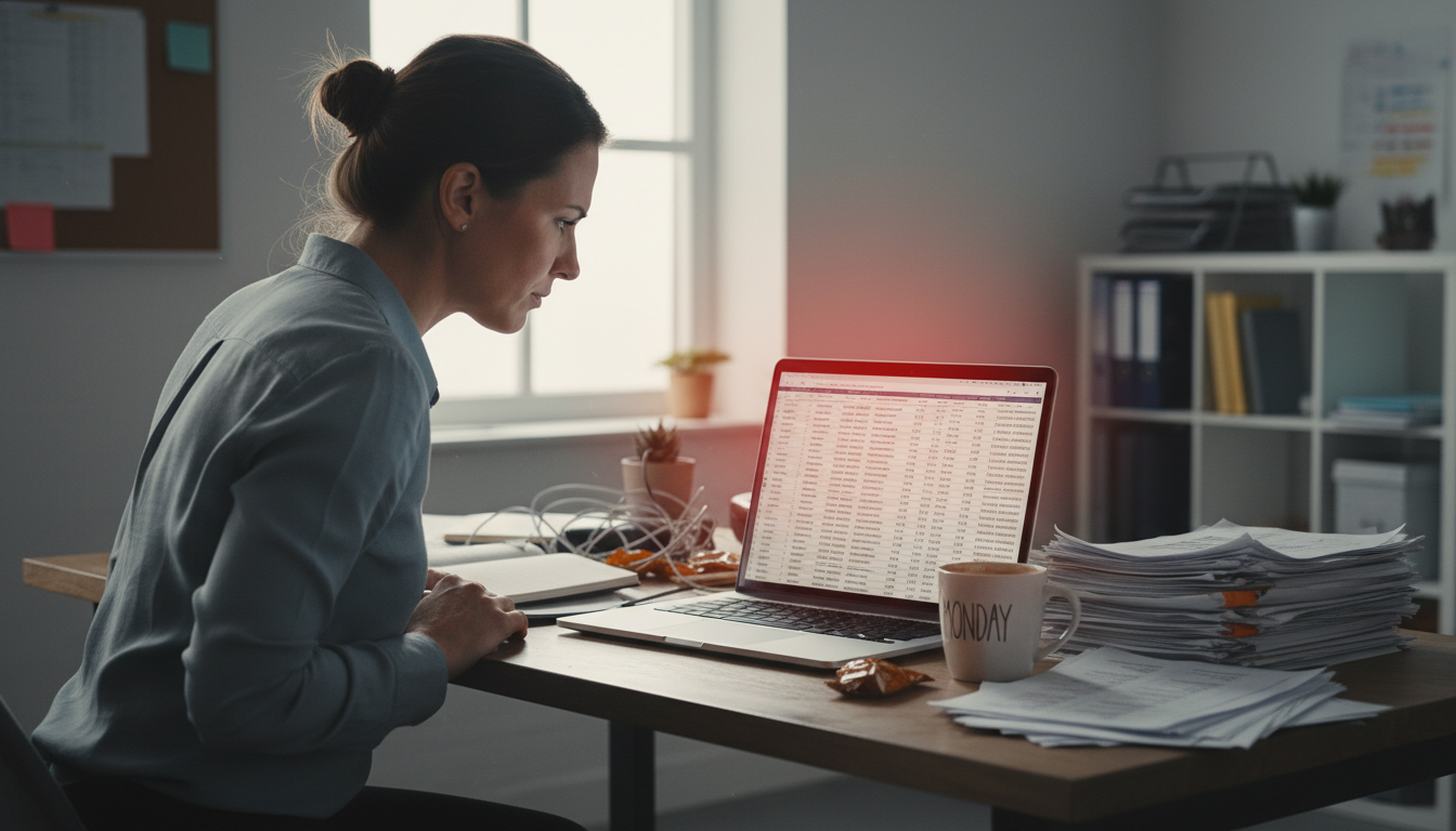 A sales professional at a cluttered desk stares at a laptop showing a long spreadsheet of names, while a stack of printed prospect lists sits ignored beside a cold cup of coffee, the expression on their face showing visible frustration.