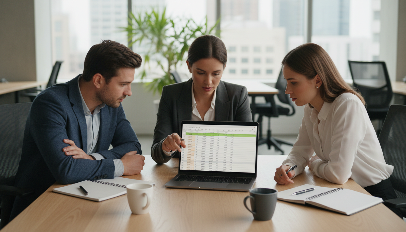 A small sales team of three people gathered around a single laptop at a modern office table, reviewing a spreadsheet together, with coffee cups and notebooks visible on the table surface.