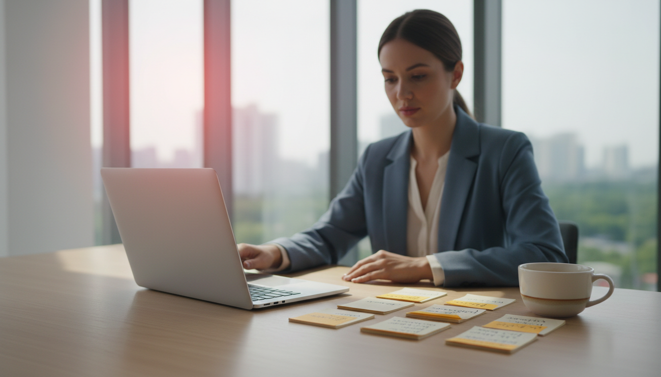 A salesperson sitting at a clean desk with a laptop open, reviewing a short list of printed lead cards with sticky notes, a coffee cup nearby, in a bright modern office with large windows.