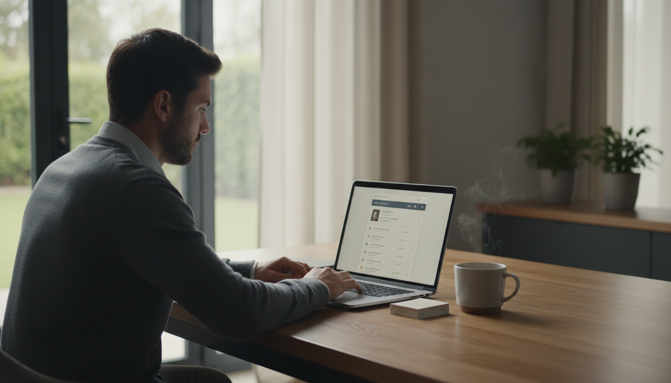 A professional sitting at a wooden desk reviewing a laptop screen showing a notifications panel, with a cup of coffee nearby and a small stack of business cards to one side, in a quiet home office with natural light coming through a window.